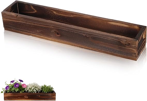 Kisangel Wooden Rectangular Planter Box, 50x9.2cm Rustic Window Flower Boxes Carbonized Succulent Pot for Planter Balcony Garden Indoor Outdoor