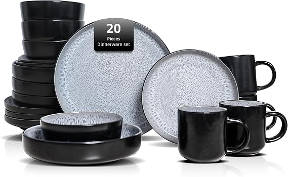 Euro-Nordic Stoneware 20pc Dinnerware Set, Reactive Glaze Bubble Frost