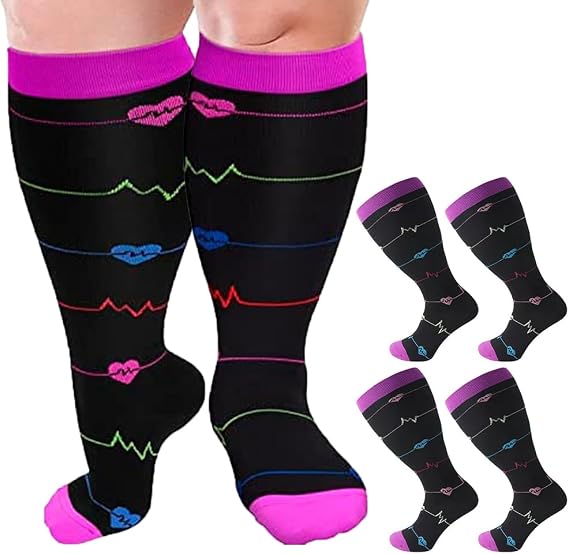 2 Pair Plus Size Compression Socks for Women Men Flight Socks Knee High Support Compression Socks Wide Calf Medical Compression Stocking Plus Size Running Socks