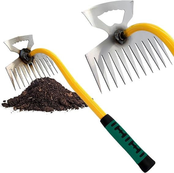 WY8 11 Teeth Weed Remover & Puller, Portable Hand Weeder & Garden Spade, Multifunctional Stainless Steel Rake with Non-Slip Rubber Handle for Backyard Planting and Weeding