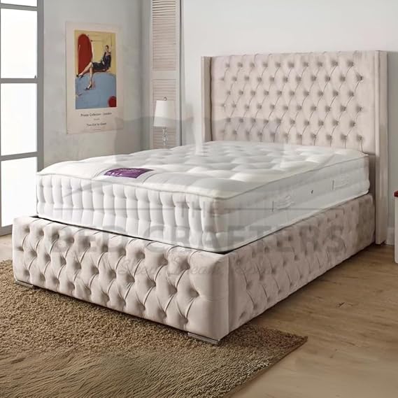 BED CRAFTERS Chesterfield Wingback Double Bed Frame | 48” Plush Velvet Tall Tufted Headboard with Mattress Included & Ottoman Gaslift Storage (Grey (No Mattress), Fabric Swatch)