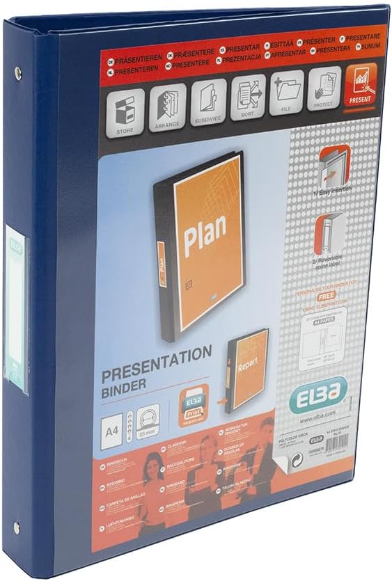 Elba A4 4 O-Ring Binder, 25mm capacity, 30mm spine, Presentation Folder with Customisable Cover, Portrait, Blue (Single)