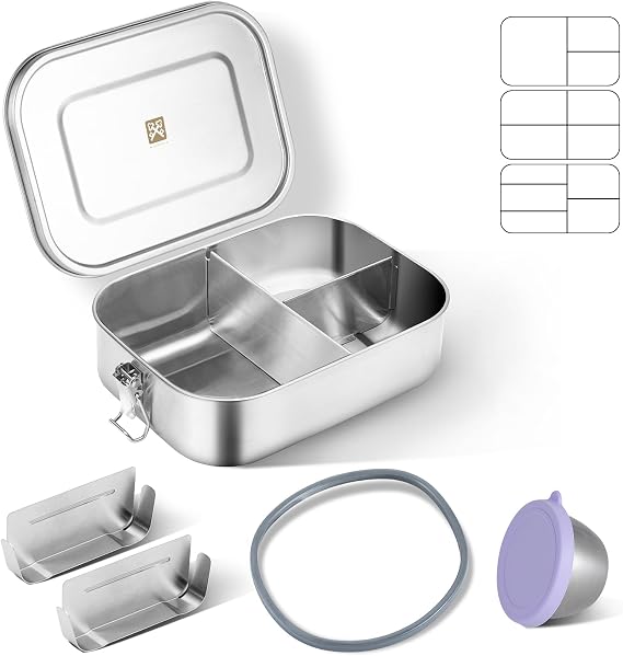 GOLDEN KEY Stainless Steel Lunch Box 1400ml, Metal Lunch Box Adults, Lunch Box with Compartments and Replacement Silicone Ring, Bento Lunch Box Leak-Proof Food Containers for Work Picnic Purple