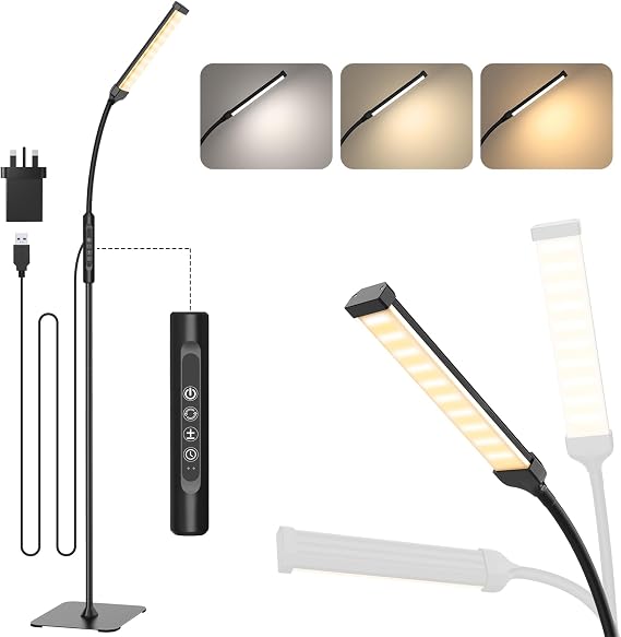 Mojimdo LED Floor Lamp, Touch Control Bright Floor Lamps, Dimmable 3 Color Modes&10 Brightness Standing Lamp, Flexible Arm Reading Lamp for Living Room Bedroom Office-10W USB Adapter Included [Energy Class A]