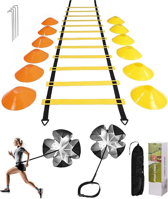 Speed Agility Training Kit for Agility,6M Agility Ladder,12 Sports Cones and Training Resistance Parachute,Football Training Equipment for Kids and Adults