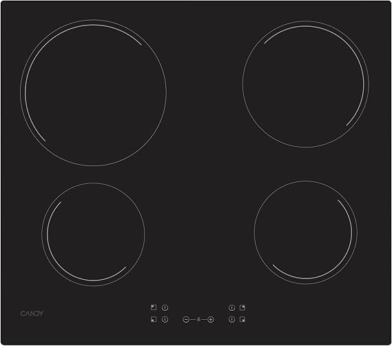 Candy Idea CH64CCB 4U2 4 Fire Ceramic Hob, 60 cm, 10 Power Levels, 6.5 KW, Central Controllers, Heat Indicator, Safety Lock, Overheat and Spill Alert, Black