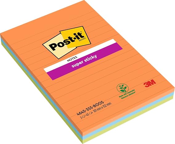 Post-it Super Sticky Notes, Boost Collection, Ruled, 101mmx152mm, 45 Sheets/Pad, 3 Pad/Pack