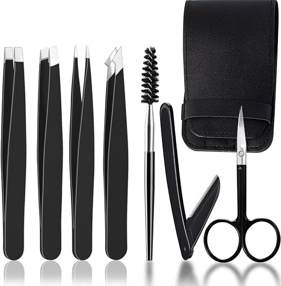 WUBAYI 7PCS Eyebrow Tweezers Set for Facial Hair Women, Stainless Steel Eyebrow Tweezers Kit for Women and Men, Tweezer Set for Splinter, Facial Hair Removal, Ingrown Hairs