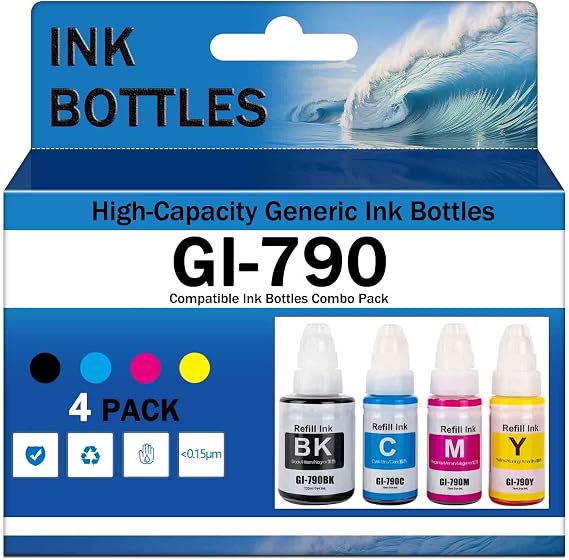 GI-790 Compatible Refill Color Ink Bottles Replacement for GI 790 Use with Canon PIXMA G1000 G1010 G2000 G2002 G2010 G3000 G3010 G4000 G4010 Printer High Print Volume,4 Color-1 Set
