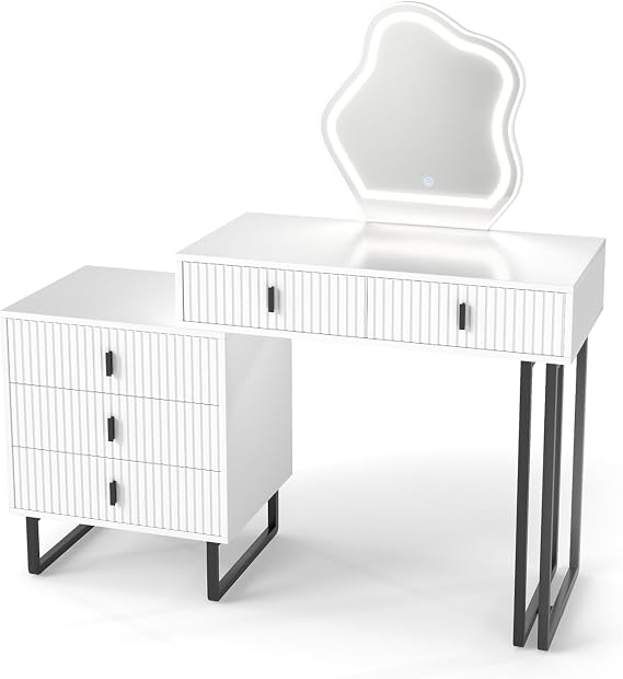 Multigot Dressing Table with Leaf-Shaped LED Mirror | Wooden Fluted Vanity Desk with 3-Color Lights, 5 Drawers, Side Cabinet and Metal Legs, Cosmetics Table Bedroom Makeup Dresser