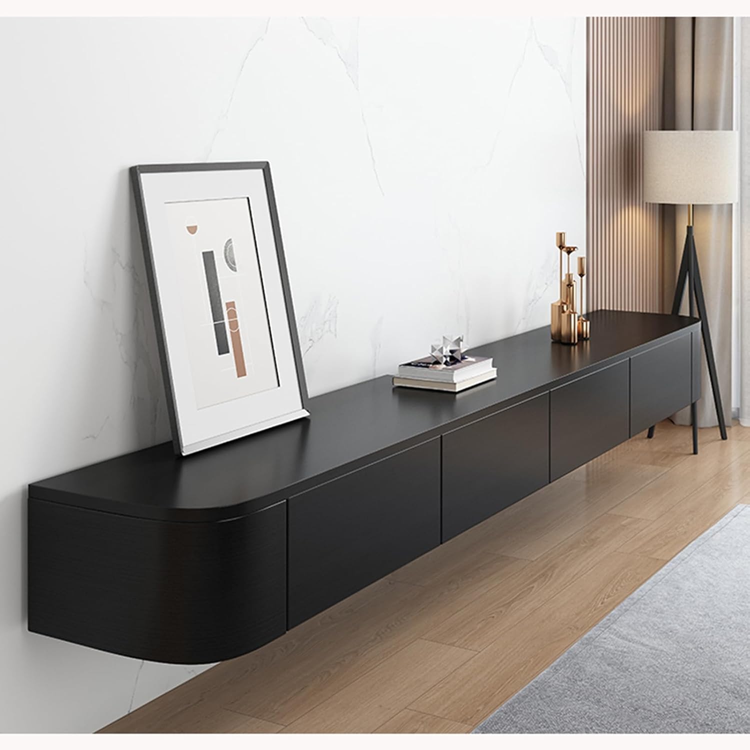 Floating TV Unit with Flip-Down Doors & Drawers 160cm Wall Mounted TV Stand, Storage TV Bench Under TV for Bedroom Livingroom Black