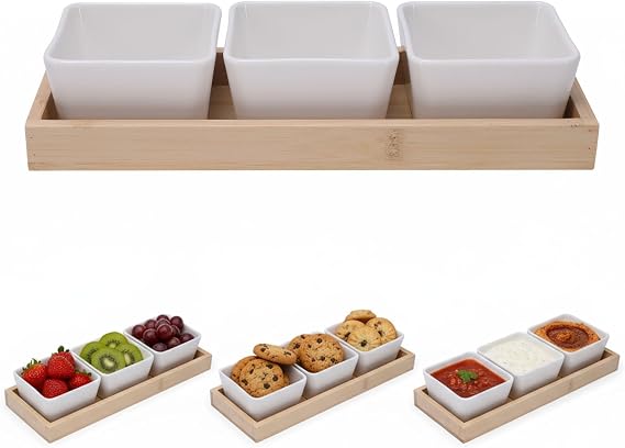 Snack Bowls &amp; Wooden Serving Tray Set - Ceramic Tapas Dishes with Dipping Bowls, Party Serving Trays and Platters, Food Serving Trays for Home Dining Baking Catering Gift