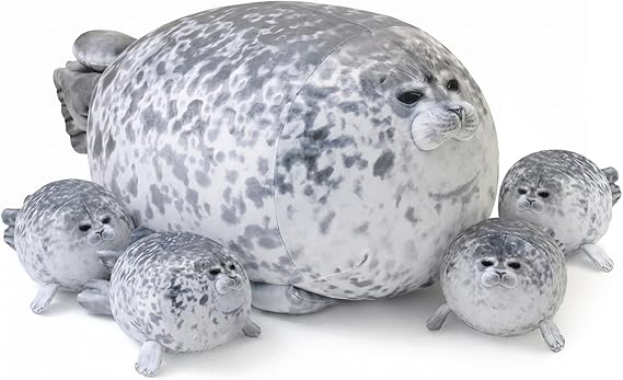 SQEQE Chubby Seal Pillow Plush with 4 Baby Seal Plushies in her Tummy, Stuffed Cotton Plush Animal Toy Gift for Kids