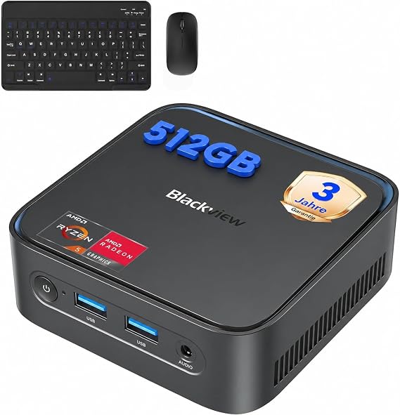 Blackview Mini PC MP50 with Keyboard and Mouse AMD Ryzen 5 Radeon Vega 8 Graphics 16GB RAM + 512GB SSD Win 11 Pro 4K UHD DP+HDMI Ultra Quiet Compact Desktop PC for School/Office