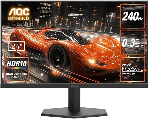 AOC Gaming Monitor 24G11ZE/11, 23.8", Full HD/1920x1080@240Hz, Response Speed 0.3ms MPRT, Fast IPS, HDMI 2.0 x 1/ DP1.4x1, Blue Light Reduction, Flicker Free, FreeSyncpPremium, Adaptive Sync, HDR10 Compatible,