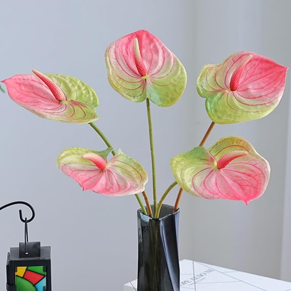 8 PCS 24inch Artificial Anthurium Lily Flowers Permanent Flower for Home Decoration Bouquet , Silk Anthurium Real Touch Flower Faux Floral Arrangement for Vase Table Centerpieces (light pink green)