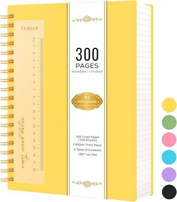 NIRMIRO Notebook Notepad B5, 300 Pages Spiral Note books for Writing, Wirebound Thick Note Pad with 100GSM Lined Paper, Hardback PVC Cover, 18.5 x 25.8cm, Yellow