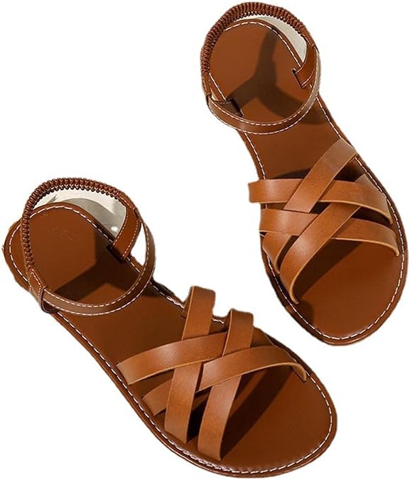 Women's Flat Sandals Wide Fit Gladiator Sandals Open Toe Solid Color Lightweight Cross Straps Breathable Comfy Casual Slip On Sandal Summer Beach