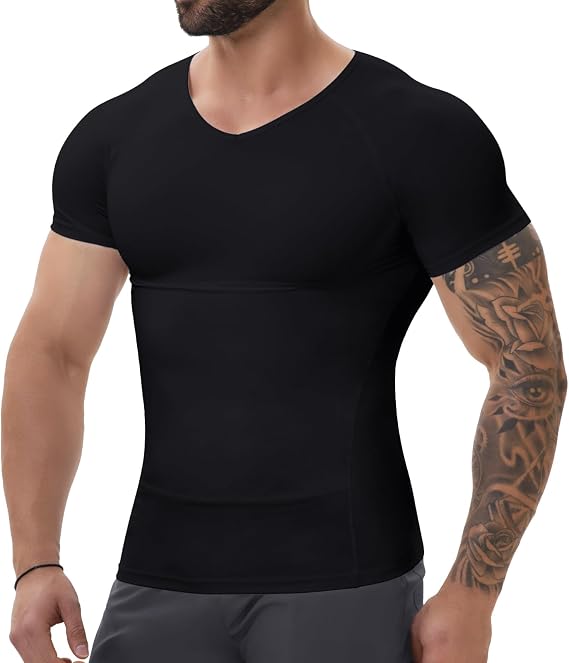 SLIMBELLE Body Shaper for Men V-Neck Elastic Slimming Waist Trainer Tummy Control Compression Shirt Men Base Layer Undershirts Compression top Shapewear