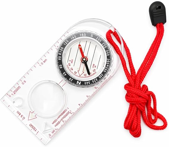 Waterproof Sighting Compass – Adjustable declination compass navigation tool with magnifier and mirror – Multifunction survival equipment for hiking, trekking, camping and map reading with lanyard