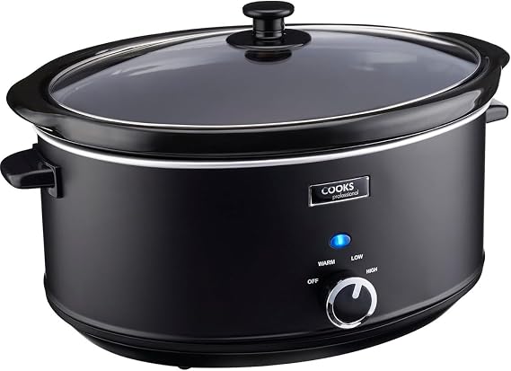 Cooks Professional Slow Cooker 6.5 Litre with Glass Lid, Cool Touch Handles, Dishwasher Safe Bowl, 2 Heat Settings & Keep Warm Function | Large One Pot Cooking Machine | Black