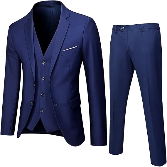 Men's 3 Pieces Suit, Solid Slim Fit Two Buttons Blazer Set Dress Suit, Jacket Vest Pants for Wedding Party Business