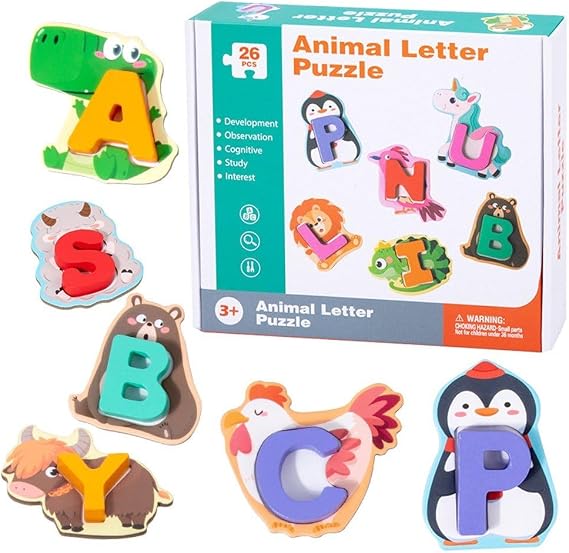 1set Wooden Animal Alphabet Puzzle Educational Toys for Kids Baby Montessori Games for Fine Motor Skills Cartoon Sorting Set