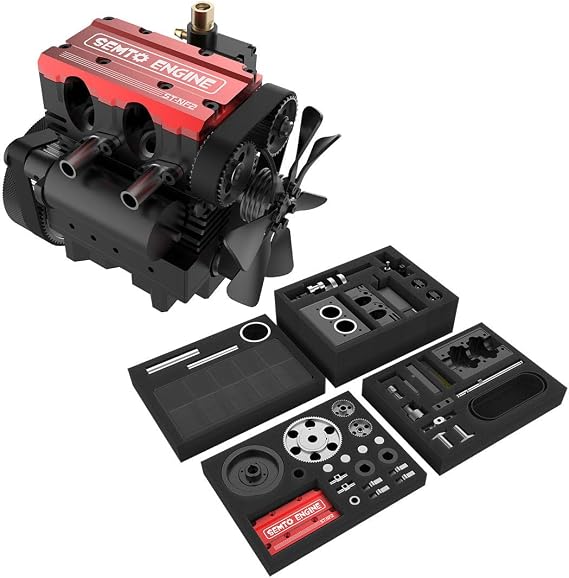 SEMTO Engine Model That Runs, ST-NF2 L2 Mini Inline Double Cylinder Four Stroke Air Cooling Full Metal Engine Build Kit, Physics Experiment Set for Kids Adults (Red)