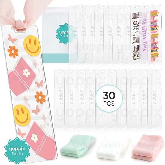6x2” Acrylic Bookmark Blanks- 30 Pieces Acrylic Bookmark Kit with 30 Pcs Ribbon for Reading Lovers DIY Crafts Hanging Tag Gift Tag Price Tags, Graduation Back to School Presents(Rectangle)