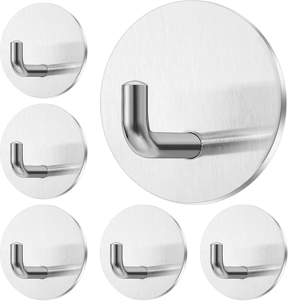 MallArt® 6lı 3M Bantlı Paslanmaz Çelik Askı | SUS304 Materyalli, Su Geçirmez & İz Bırakmayan | Duvara Zarar Vermez, Yuvarlak & Kare Modeller – Banyo, Mutfak, Ofis için (Yuvarlak)