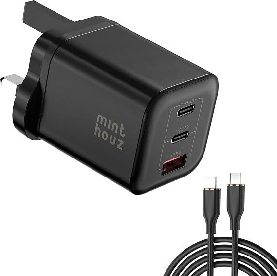 Minthouz 3-Port GaN USB Plug UK with 1.2m Charging Cable
