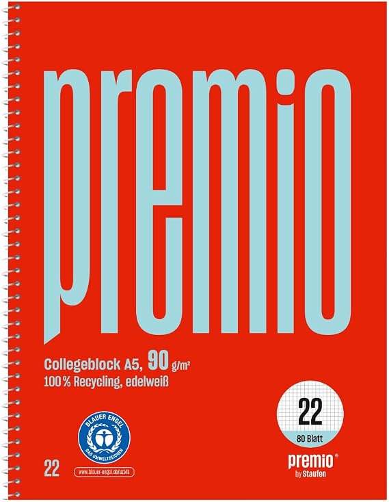 Staufen Premio College Notepad - Pack of 5 80 Sheets DIN A5 Squared 5 mm