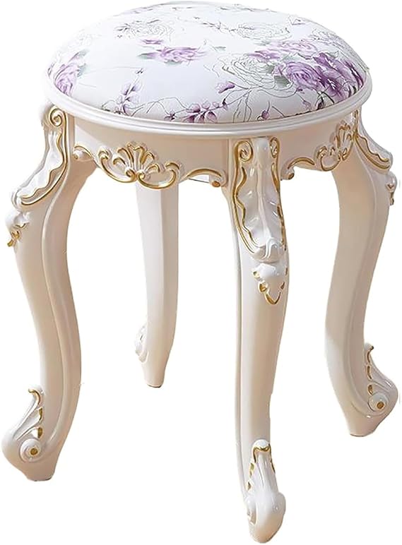 Vintage Upholstered Vanity Stool, Round Rectangular Vanity Chair with Carved Legs, Accent Makeup Stool Ottomans Bench Dressing Seat for Bedrooms