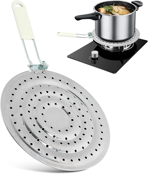 Gas hob Heat Diffuser, Stainless Steel Flame Diffuser Cook Ring Heat Diffuser with Folding Handle Heat Spreader Plate for Gas Stove Cooktop Converter(Sliver)