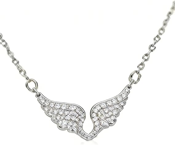Sterling silver wings with sparkling zircon wings - silver angel wings delicate angel wing necklace pendant, angel necklaces for women, birthday Valentine gifts