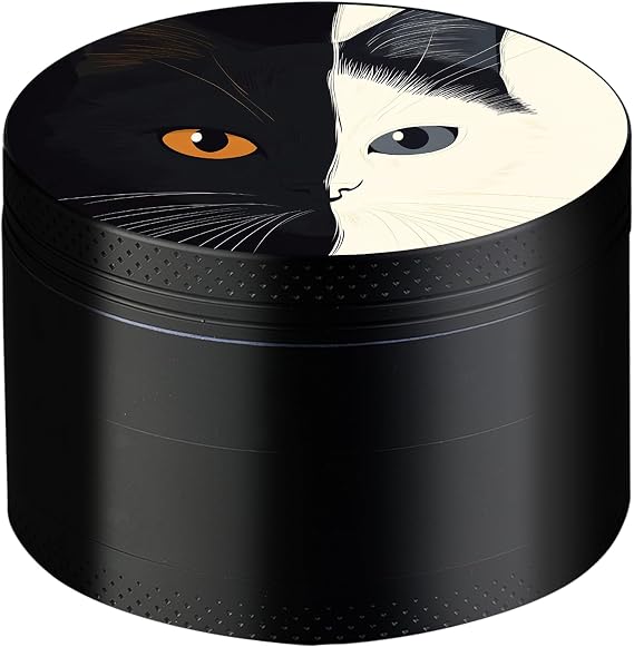 Herb Grinder, 2.5 inches Metal Grinder with Pollen Catcher,Portable 4 Piece Grinder for Dry Herb and Spices-Cat Design (Black)