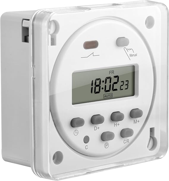Heschen Digital Timer Switch 230 VAC CN101A Programmable Time Relay 16 A (SPST) LCD Timer with 28 ON/Off Programs & Dust Cover for Solar/Camper/LED