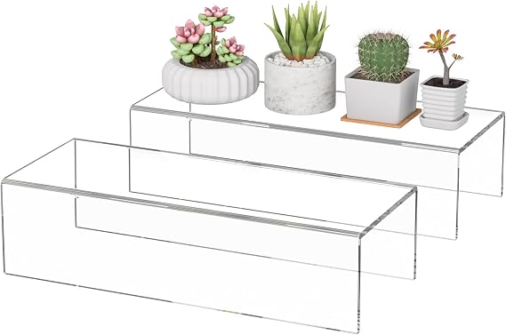 Sezanrpt Acrylic Shelf Riser 30 x 12 x 7.5 cm Pack of 2, Desktop Rectangular Acrylic Tray Base Stand for Figure, Bags, 30 x 12 x 7.5 cm