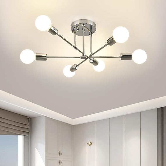 ZYDTRIP Sputnik Chandelier Light Fixture - Adjustable Silver Ceiling Light With E27 Base for Living Room, Bedroom, Kitchen, 6 Lights