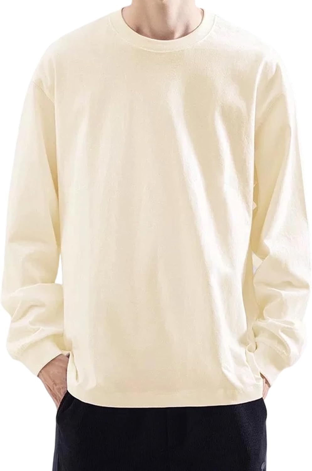 Mens Long Sleeve Crew Neck T-Shirt, 100% Cotton, Opaque, Thick Fabric, Anti-Pilling, Solid Color, Breathable, Simple, Stylish, For SpringSummerAutumn, Large Sizes S-3XL