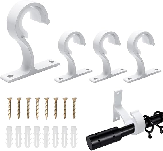 Pack of 4 Curtain Rod Brackets, Diameter 25 - 28 mm Curtain Rod Holder, Curtain Rod Bracket with Screws and Wall Anchors, Ceiling Bracket, Curtain Rod for Home Office