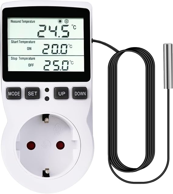 250V Digital Thermostatic Plug with Temperature Sensor and LCD - Heating/Cooling for Greenhouse, Terrarium, Aquarium, Reptiles (EU Plug)