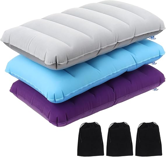 3Pcs Inflatable Flocking Cushion, Soft Blow Up Travel Camping Pillow