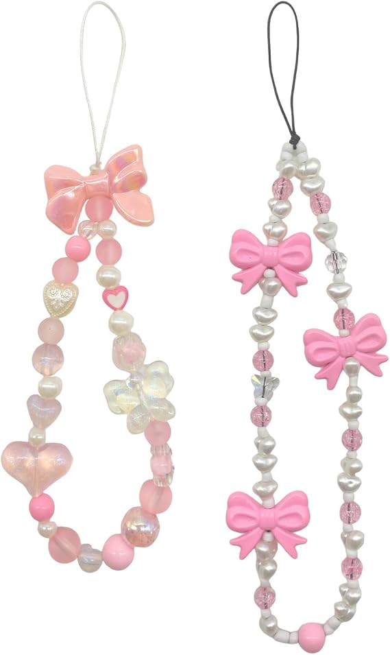 2 Pcs Pink Bow Beaded Phone Charms, Y2K Phone Charm Strap, Cute Phones Accessories Phones Charms for Keys Backpack Wallet