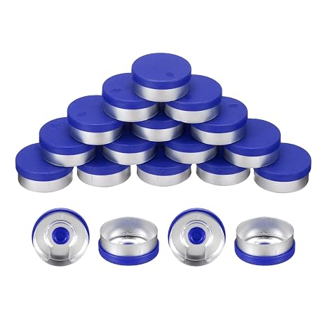 sourcing map 20mm Flip Off Caps, 100PCS Burr-Free Flip Off Top Caps Seals Flip Off Aluminum Plastic Vial Flip Off Seals Caps Cover for Glass Vial Bottles, Blue/Silver