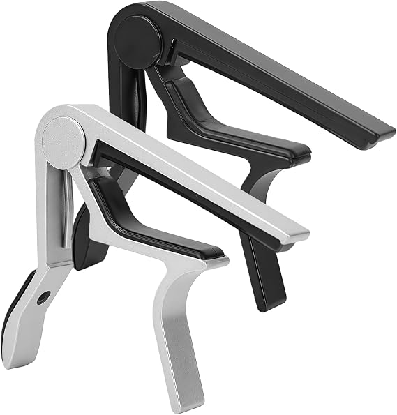 2 Pack Guitar Capo, Capo for Acoustic Guitar, Universal Cappo for Classical, Electric Guitars, Ukulele, Mandolin, Banjo, and other String Musical Instruments (Black & Silver)