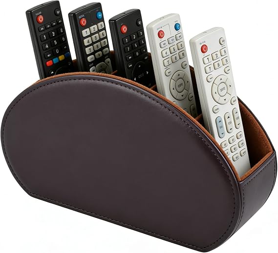 Remote Control Holder with 5 Compartments, PU Leather Multi-Functional Desk Organizer for TV Remote, Office Supplies, Makeup Brushes, Pen, Stationery Storage Caddy, Brown
