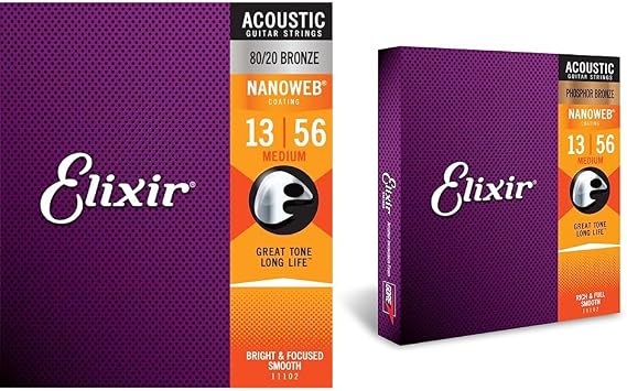 Elixir 11102 Strings 80/20 Bronze Acoustic Guitar Strings w NANOWEB Coating, Medium (.013-.056) & 16102 Strings Phosphor Bronze Acoustic Guitar Strings w NANOWEB Coating, Medium (.013-.056)