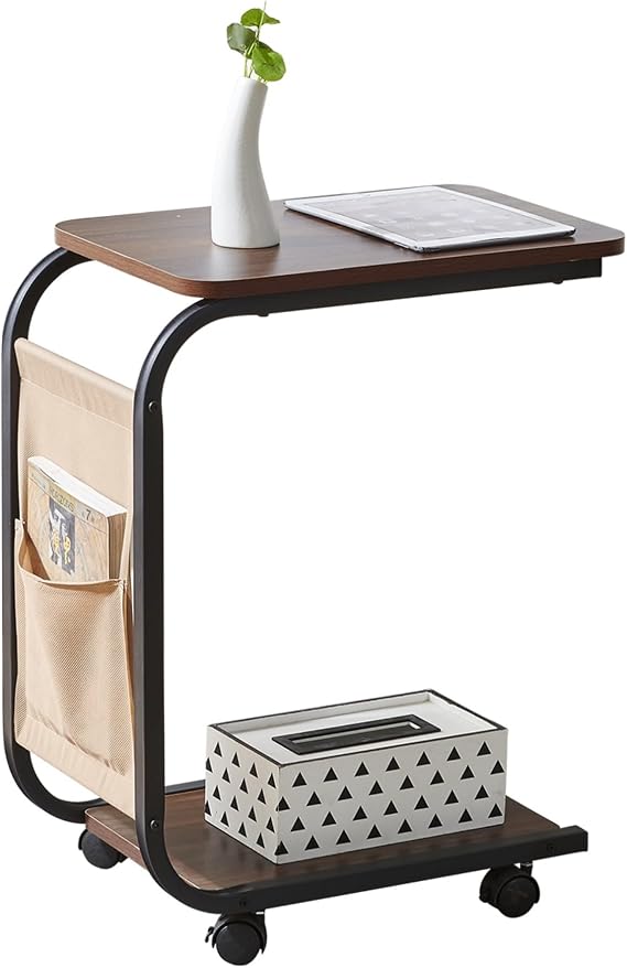 C-Shaped Mobile Sofa Side Table with Storage Pocket, Walnut