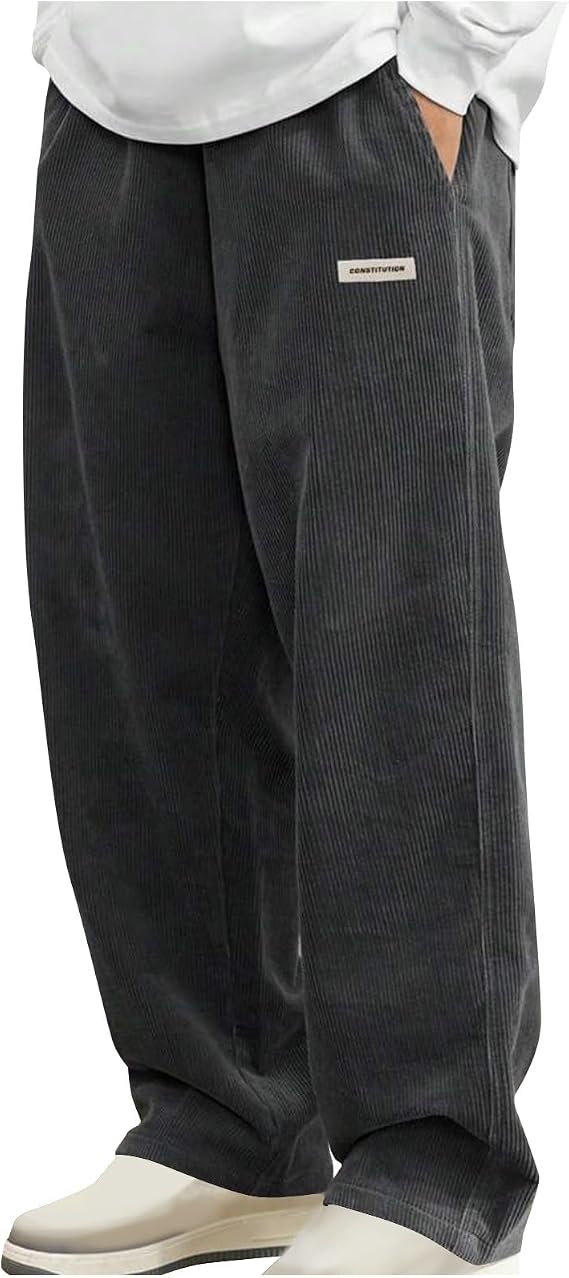 Corduroy Trousers Men Loose Fit Smart Casual Trouser Elasticated Waist Drawstring Pants Solid Colour Straight Leg Bottoms Spring and Winter Mens Lounge Wear with Pockets